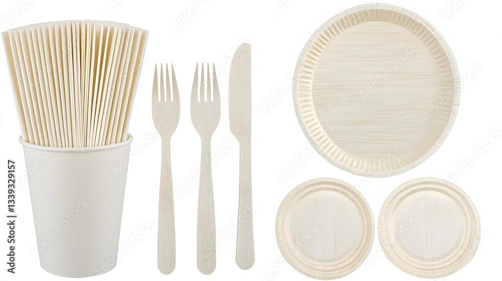 Collection of Eco-Friendly Disposable Tableware Including Straws, Utensils, and Plates Collection of Eco-Friendly Disposable Tableware Including Straws, Utensils, and Plates
