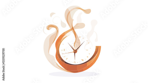 The image showcases an abstract illustration of a clock. The clock face is circular and orange-brown in color, with visible clock hands indicating time. The clock is partially enveloped by