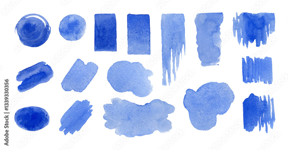Obraz premium Blue abstract watercolor splashes set with unique shapes and colors