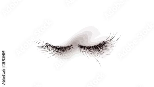 A close-up, macro shot of a pair of closed eyes adorned with false eyelashes. The eyelashes are dark and full, creating a dramatic effect against the stark white background.  The image is sharply