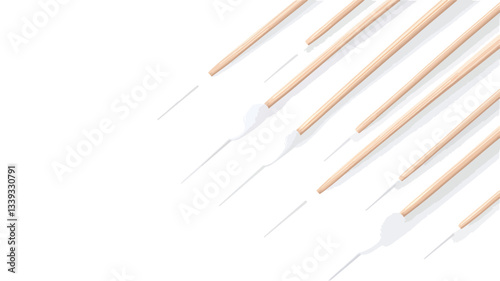 High-angle, close-up view of numerous light brown, slender wooden sticks arranged diagonally against a pure white background. The sticks are parallel to each other, creating a repeating linear