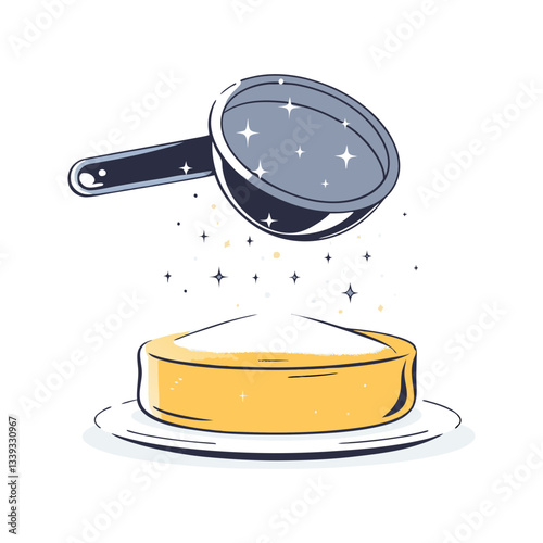 Powdered sugar sifting onto a cake vector with a fine mesh sieve and sparkles. Elegant and delicious baking-themed illustration.