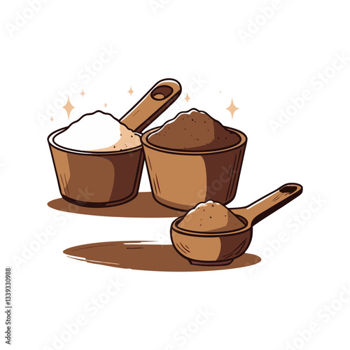 Measuring cups vector filled with sugar, flour, and cocoa powder, symbolizing baking essentials. Warm and rustic kitchen-themed illustration.