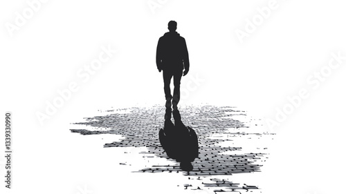 The image is a monochrome photograph depicting a single male silhouette walking towards the viewer.  The figure is centrally positioned against a plain white background.  Below the figure is a