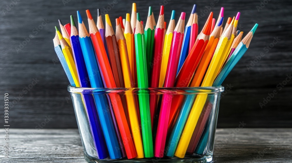 Vibrant Colored Pencils in a Glass Holder Against a Dark Background Vibrant Colored Pencils in a Glass Holder Against a Dark Background