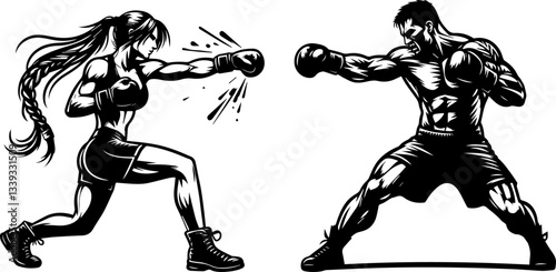 male and female boxer illustration in dynamic fighting pose black and white style vector
