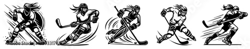 dynamic illustrations of female hockey players in active poses with motion accents