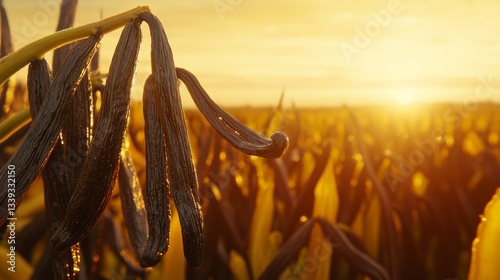 Detailed Close-Up of Vanilla Beans at Sunset in Agricultural Field
