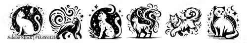 ornamental black and white vector cats animals with floral decorations