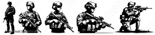 soldier illustrations in tactical gear with rifles in black and white