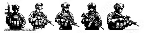 armed soldiers in tactical gear with rifles in combat-ready poses