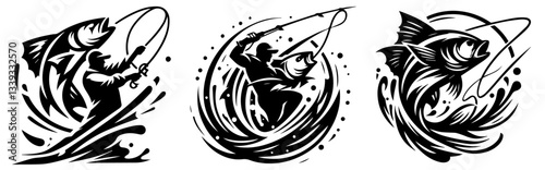 stylized fishing illustrations with dynamic fish and anglers