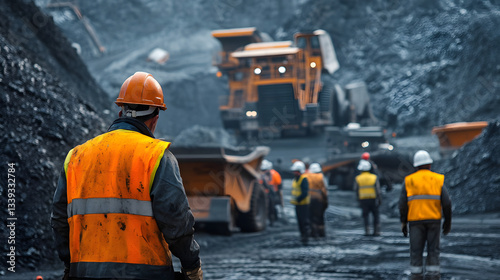 Construction workers in safety gear oversee heavy machinery in a mining operation site