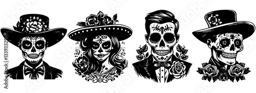 day of the dead skull portraits in vintage style with hats and flowers