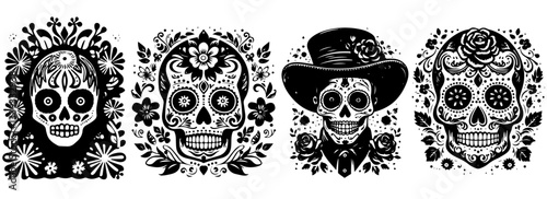 sugar skull portraits with floral decorations and mexican folk art style