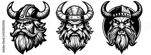 fierce viking heads with horned helmets and long beards