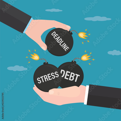 Boss hand give bombs with burning fuse and debt, stress and deadline. Emotional pressure, stressful situation, corporate slavery. Relationship, time management
