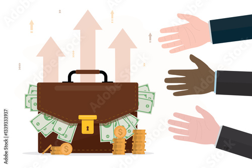 Lots of money in briefcase and stacking gold dollar coins. Dollar sack, cash. Arrows growing up, success. Investor or businesspeople hands catch profit, income.