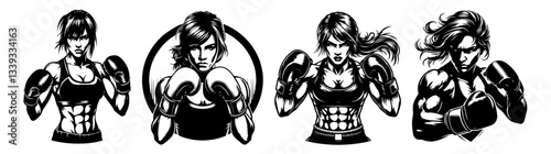 female boxer silhouettes strong athletic women shapes for laser cutting and engraving monochrome vector