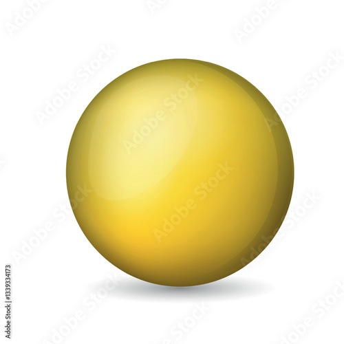Glass yellow ball or precious pearl. Glossy realistic ball, 3D abstract vector illustration highlighted on a white background. Big metal bubble with shadow.