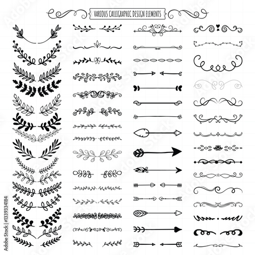 Floral and Leaf Ornament Dividers Hand-Drawn Vine Decorations Elegant Floral Borders Intricate Leaf Ornaments Ink Flourishes Arrow Embellishments Victorian Style Doodles Decorative Sketched Vector Set