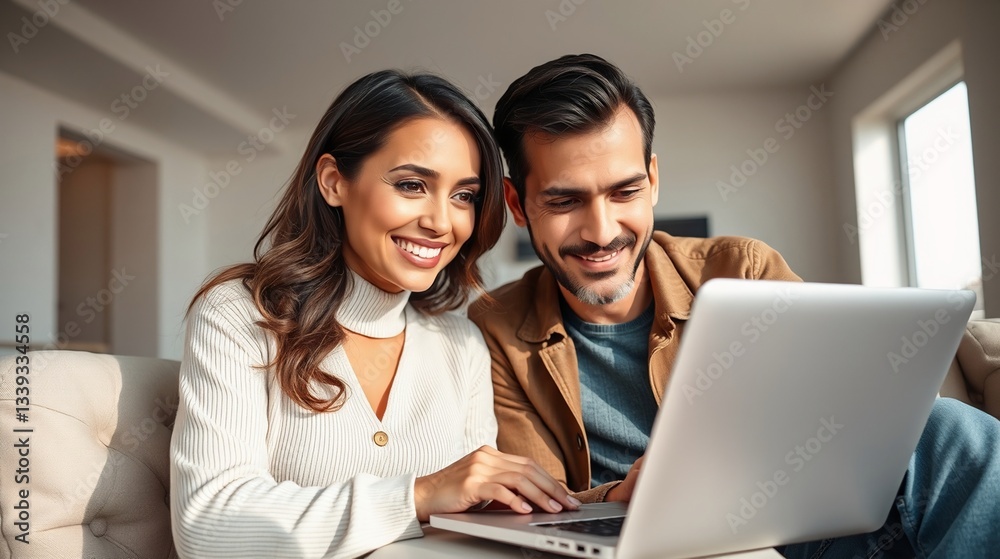 Young Couple Smiling While Using Laptop Together in Modern Living Room Young Couple Smiling While Using Laptop Together in Modern Living Room