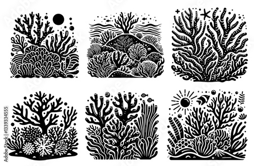 coral reef silhouette set underwater sea life scenes for laser cutting and engraving monochrome vector