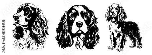 cocker spaniel dog silhouette set head and full body shape for laser cutting and engraving monochrome vector illustrations