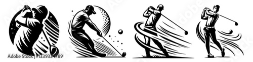 golf players swinging clubs in stylized motion silhouettes