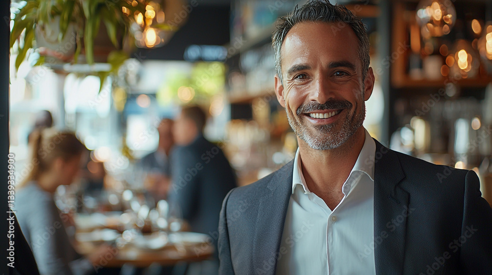 Obraz premium Confident businessman smiles warmly at a restaurant