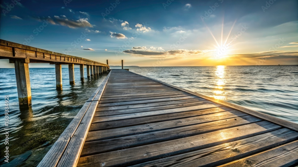 Obraz premium Sunset Wooden Pier Photography: Stunning Coastal Images, Ocean View Pier, Beach Pier at Dusk, Golden Hour Seascape, Waterfront Pier Pictures