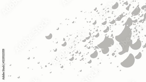 The image depicts a digitally rendered abstract composition of numerous white spheres of varying sizes dispersed across a white background.  The spheres appear to be in motion, creating a sense of