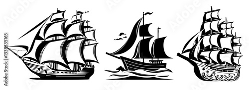 vintage sailing ships tattoo set black and white hand drawn vector illustrations