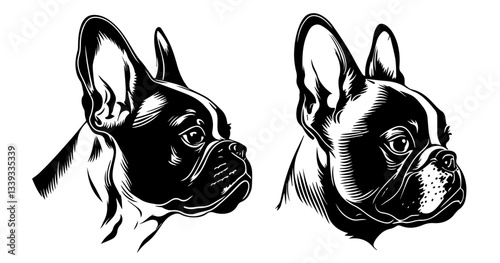 french bulldog head tattoo set black and white hand drawn vector illustrations