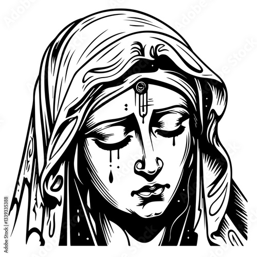 sorrowful Our Lady virgin Mary face vector silhouette shape black outline