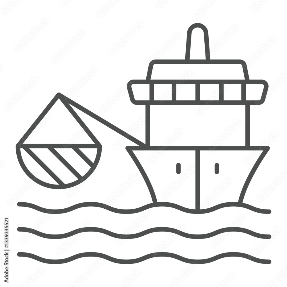 Ship with net thin line icon, fishing concept. Vector graphics. Fisher man boat at sea sign on white background, outline style icon for mobile or web design. Ship with net thin line icon, fishing concept. Vector graphics. Fisher man boat at sea sign on white background, outline style icon for mobile or web design.