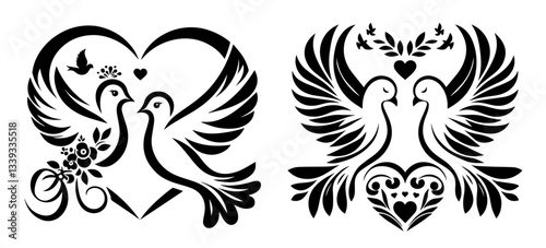 romantic doves with hearts and flowers black and white love tattoo vector illustrations