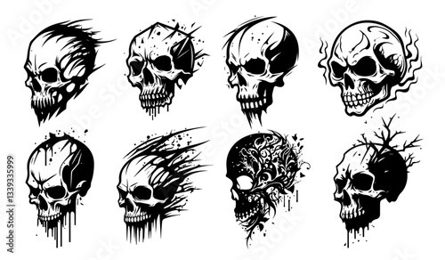 skull tattoo set with abstract horror and grunge elements in black and white