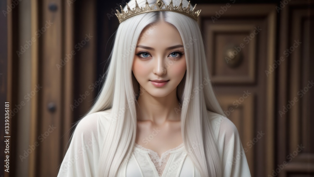 Naklejka premium Asian Queen with Silver Hair Wearing Crown in Palace - Royalty, Fantasy, Beauty