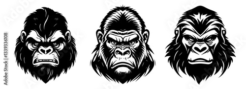 fierce gorilla head illustrations in detailed hand-drawn engraving look