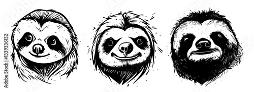 sloth head portraits set in sketchy hand drawn black and white style vector