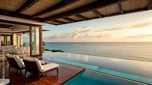 Luxury beachfront villa with an infinity pool overlooking the ocean and a stunning sunset view.
