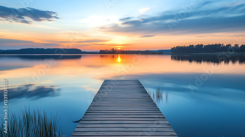Serene sunset over a tranquil lake with a wooden dock extending into calm waters
