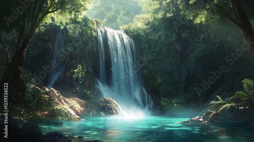 A pristine rainforest waterfall cascading down into a crystal-clear pool. 