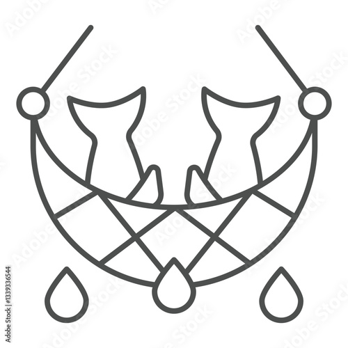 Fish in net thin line icon, catching fish concept. Vector graphics. Fishery sign on white background, outline style icon for mobile or web design.