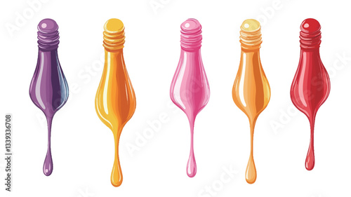 A digital illustration of five nail polish bottles, each a different color, displayed vertically.  The bottles are depicted in a cartoonish style with a slight shine. Each bottle has a small amount