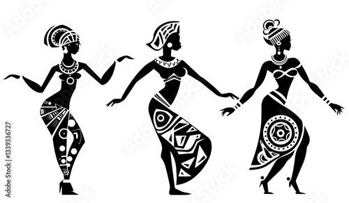 african women dancing illustration set with traditional dress and tribal patterns vector