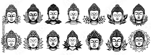 buddha head illustration set with serene expressions and decorative details vector