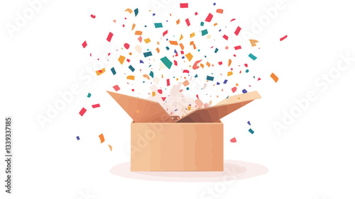 The image shows an open, light brown cardboard box against a pure white background.  The box is positioned centrally and is depicted in a slightly elevated perspective.  Multicolored confetti