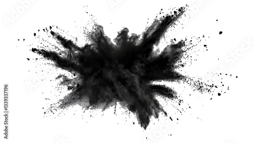 Explosive black powder burst against a white background. Closeup of black dust particles explode isolated on white background.	